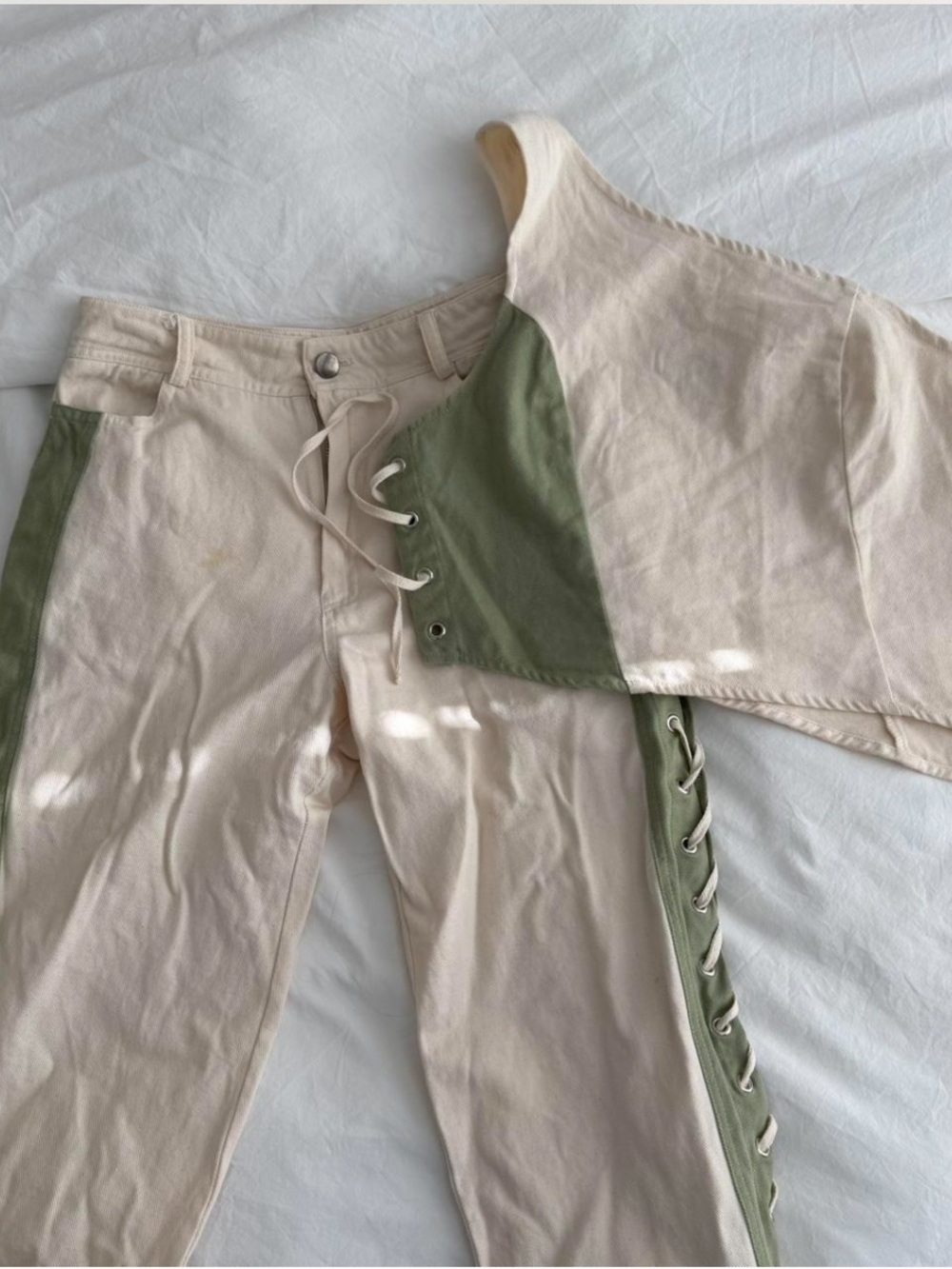 Beige & Olive Lace-Up Denim Set - Women's